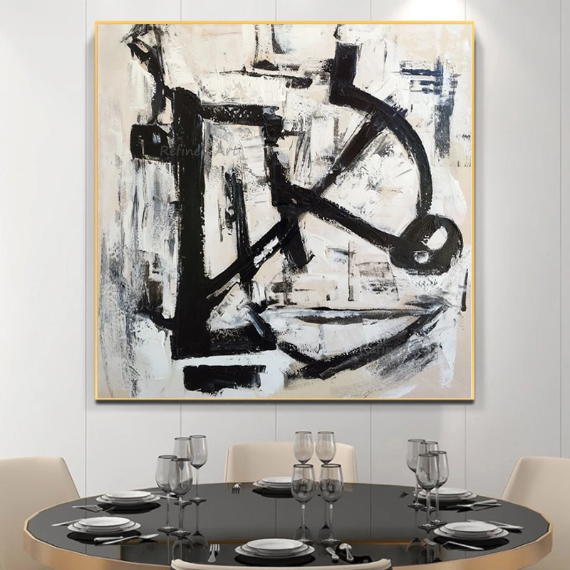 

100% Hand Painted Oil Paintings on Canvas Modern Acrylic Abstract Black and White Simple for Home Hotel Room Wall Art Decor