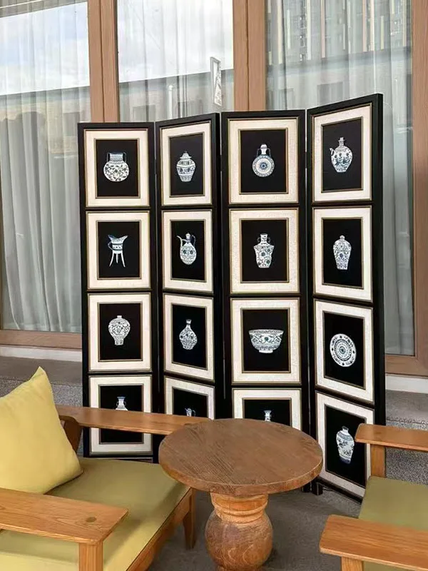 

Blue and white porcelain screen living room partition folding sofa background with two four and six panels