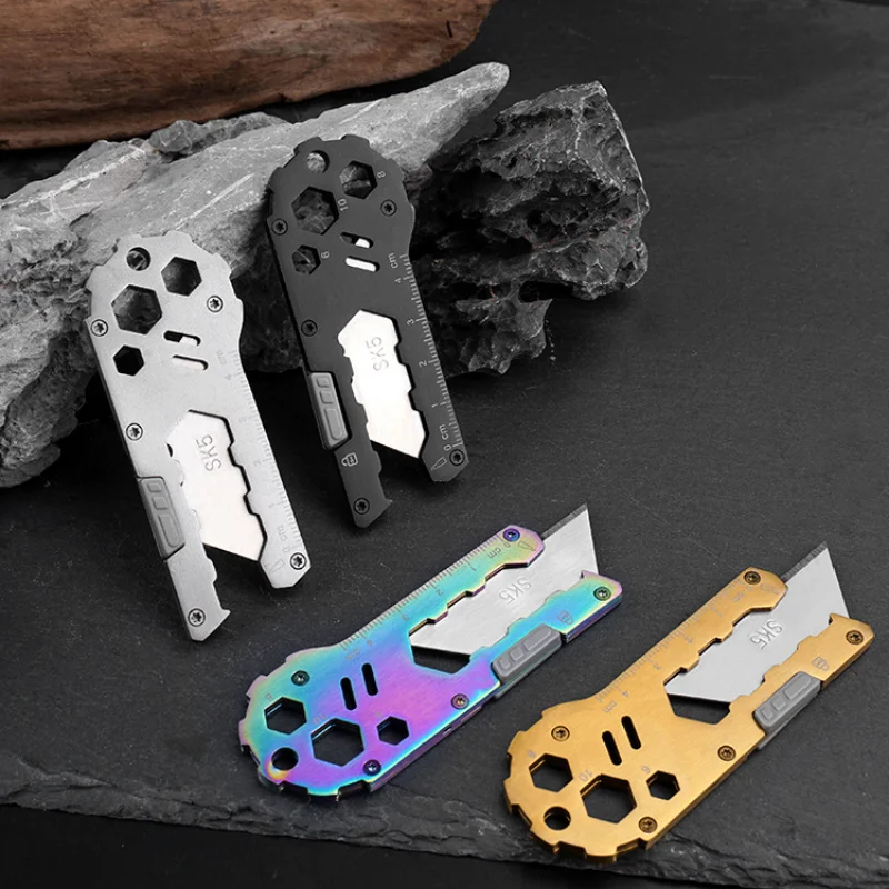 EDC Multifunctional Stainless Steel Outdoor Camping Pocket Multitool Titanium Scalable Utility Art Knife With 5 Spare Blades