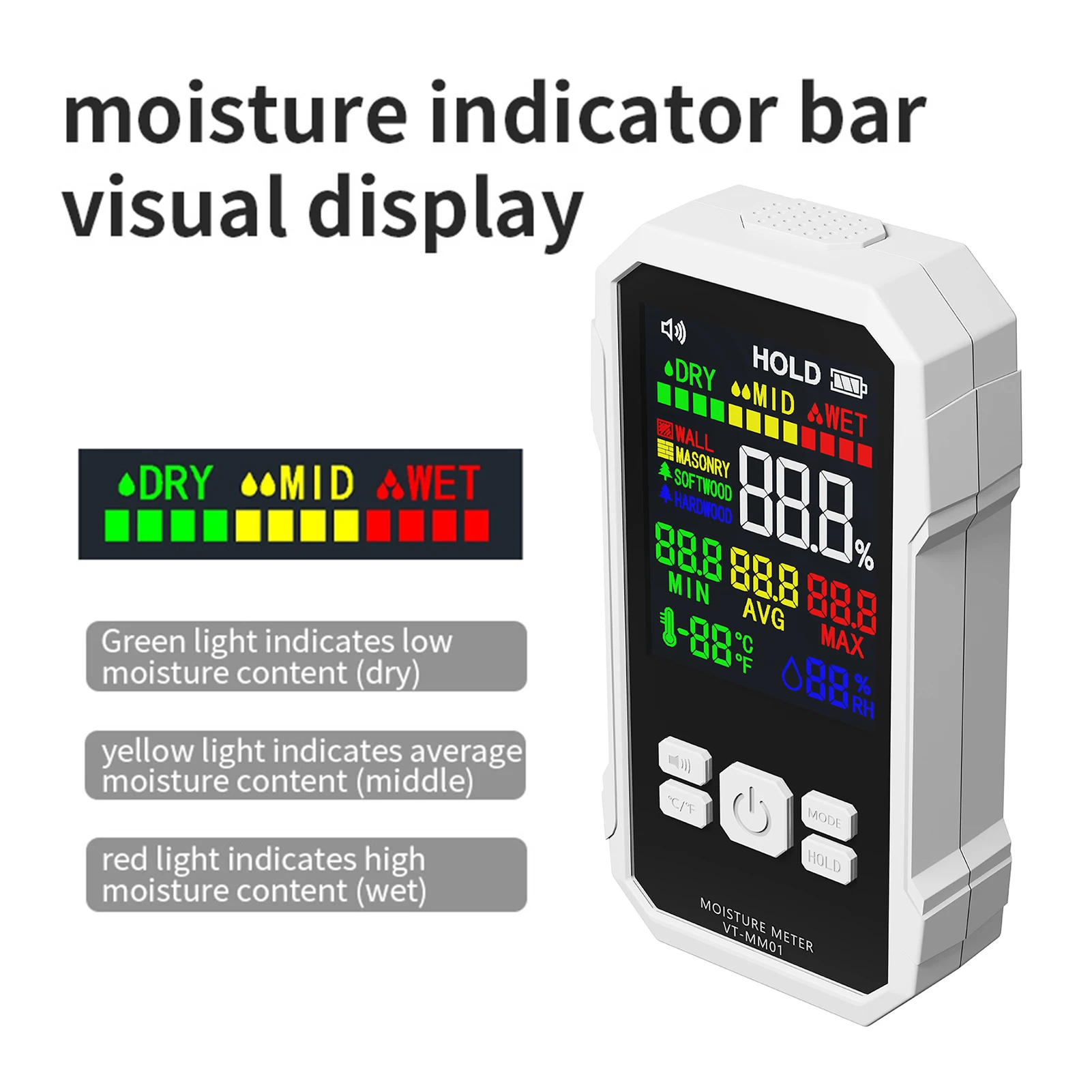 New Induction Moisture Meter 4 Modes Drywall Wood Humidity Detector with LCD High-frequency Waves and One-key Record Function