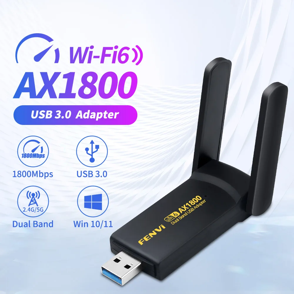 

1800Mbps WiFi 6 USB 3.0 Adapter Dual Band 2.4G/5Ghz Network Dongle High Gain Wifi Antenna Support Win 10/11 Desktop/Laptop