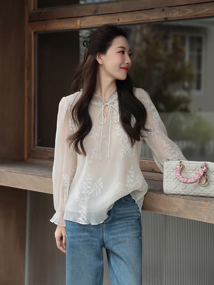 

Mehsi Soft Cloud Rose Silk Shirt Women's Spring Summer Slim Fit Chiffon Top Lace Inner Wear Long Sleeve Casual Floral Print