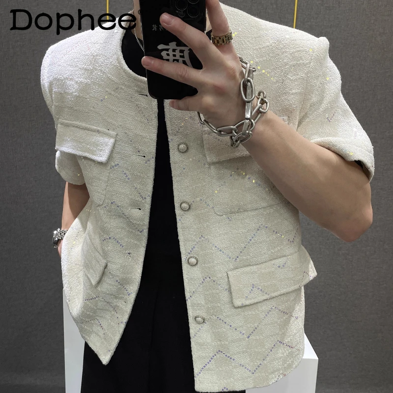 

Men's 2025 Summer New Sequin Small Fragrant Coats Male Light Luxury Short Sleeve Jackets High-end Fashion Padded Shoulder Jacket
