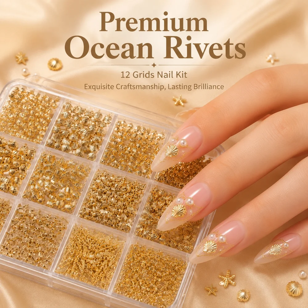 12 Grids Beach Seashell Nail Metal Rivet Set With Tweezers Golden Turtle Sun Starfish Nail Studs For Acrylic Nail Design