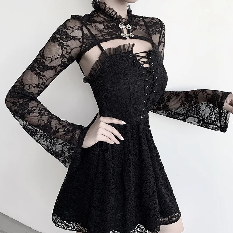 InsGoth Lace Smocks Long Sleeve Y2K Sexy Gothic Street Halloween Black Overall Coguette Chic Button Crop Matching Party Cover Up