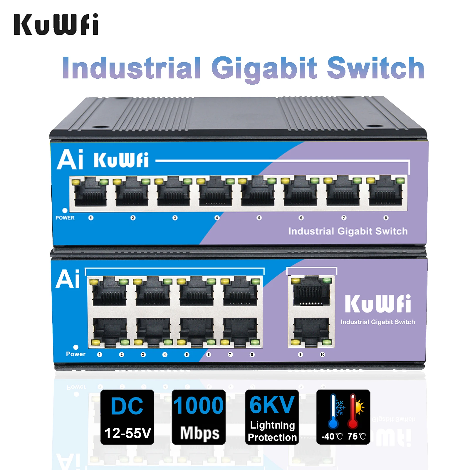 

KuWFi Industrial Gigabit Ethernet Switch 8/10 Ports Network Switch DC 12-55V Support DIN35 Rail VLAN 6KV Lightning Protection