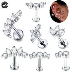 1PC Titanium Labret Piercing Diagonal Horse Eyes Cubic Zircon Lip Stud Ring Cartilage Conch Helix Piercing Stud Earring Jewelry