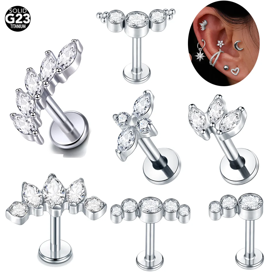 1PC Titanium Labret Piercing Diagonal Horse Eyes Cubic Zircon Lip Stud Ring Cartilage Conch Helix Piercing Stud Earring Jewelry