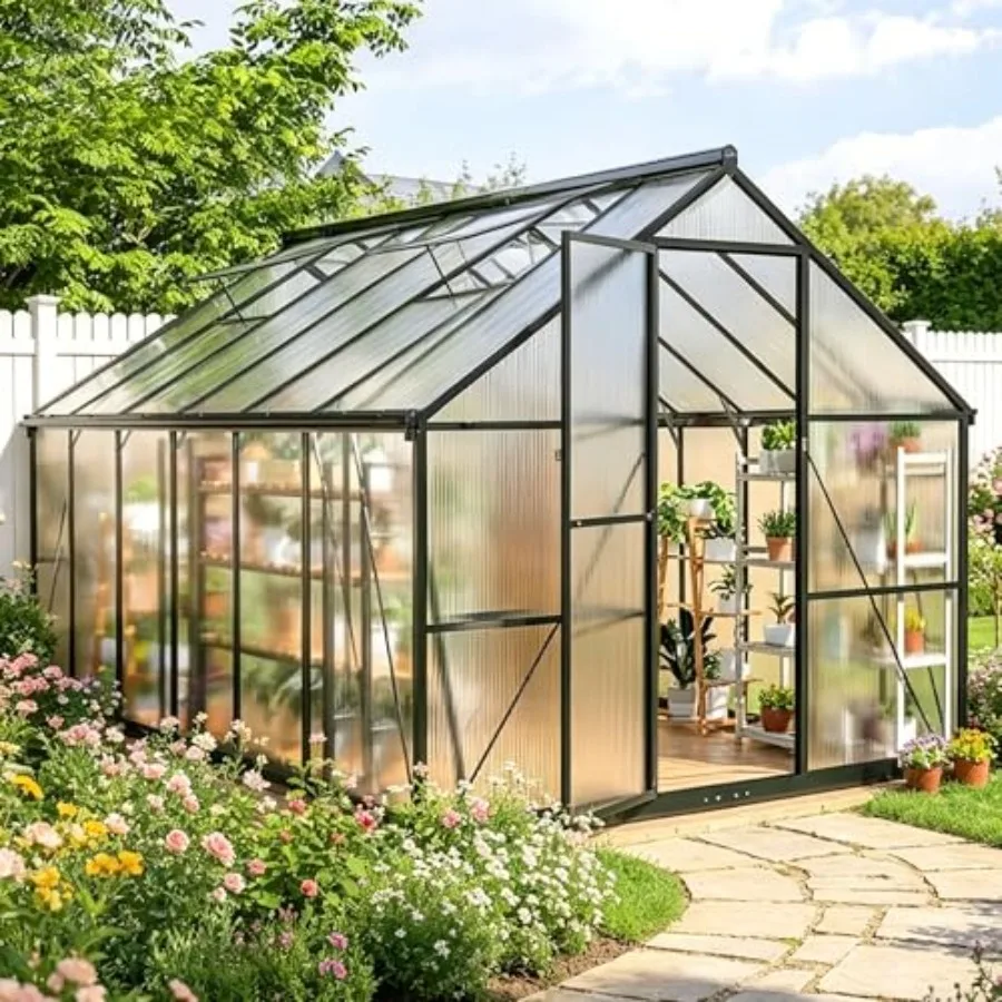 

8x12 FT Outdoor Greenhouse with Quick Aluminum Assembly Polycarbonate Panels Green Color Walk-in Design with 2 Ventilated Windo