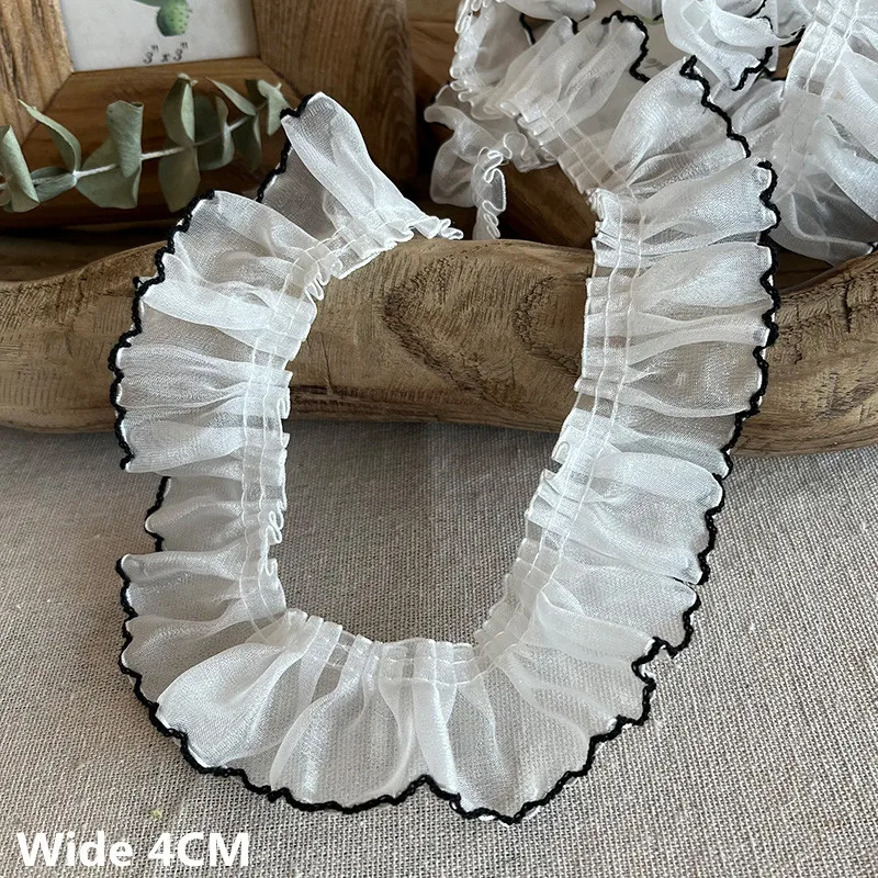 4CM Wide White Black Organza Wrinkled Pleated Lace Fabirc Needlework Frilled Ribbon Dress Collar Ruffle Trim DIY Sewing Decor