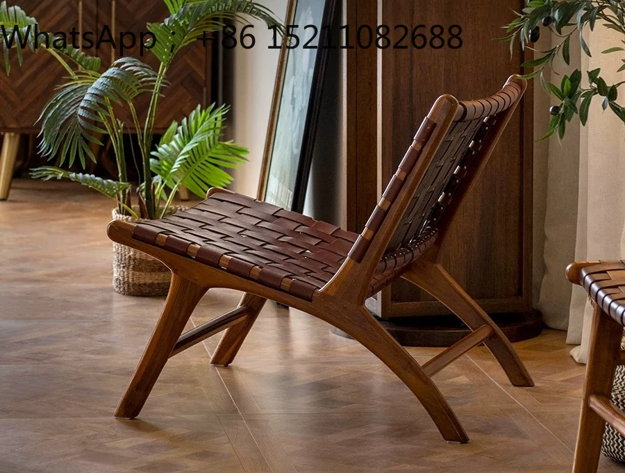 SCY sofa chair living room solid wood leather simple recliner balcony single casual retro chair