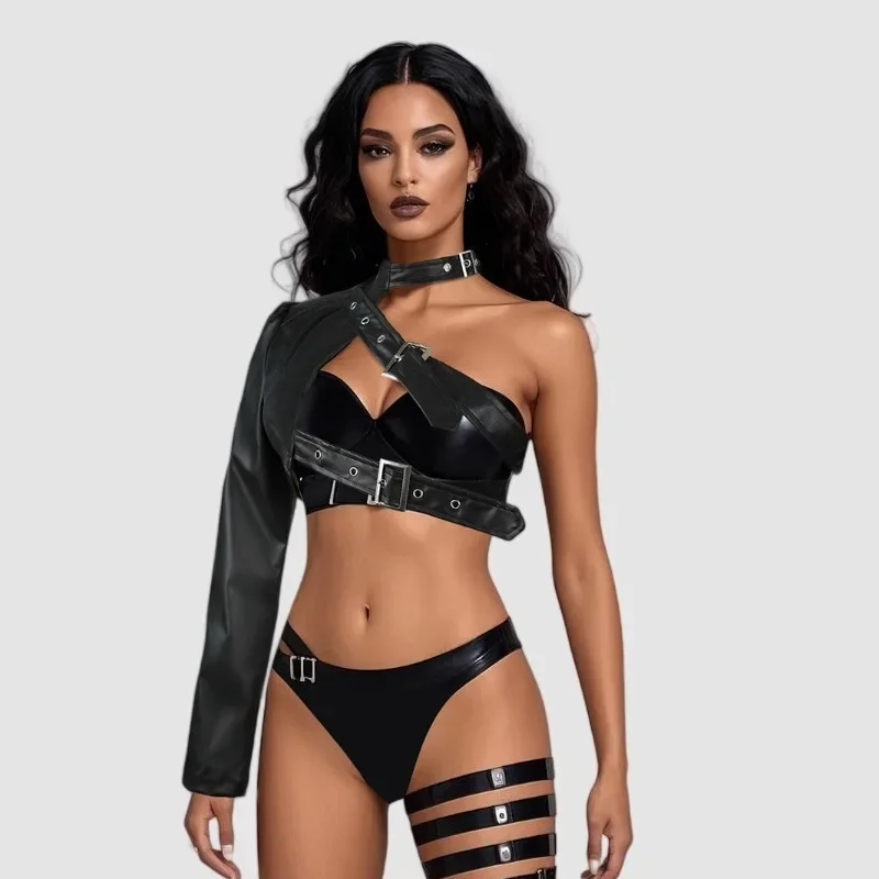 Rock Dance Versatile Irregular European and American Independent Station Street Hipster Black Punk Shoulder PU Leather Jacket
