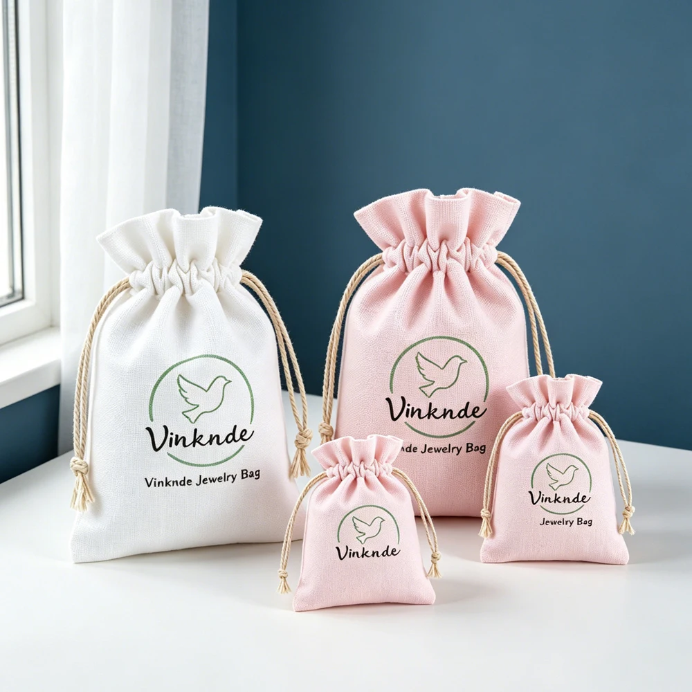 50Pcs Reusable Custom Cotton Drawstring Bags for Jewelry Custom Logo Muslin Canvas Earrings Rings Brooch Key Gift Packaging Bag