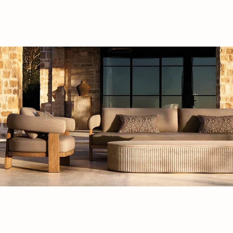 Scandinavian luxury modern teak outdoor lounge chair with armrests - for use in hotel courtyards and parks
