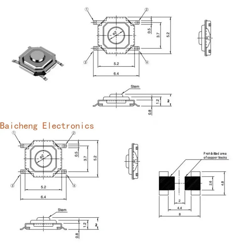 500PCS SMT 4-pin copper head button, 5 * 5 * 2MM micro micro touch switch