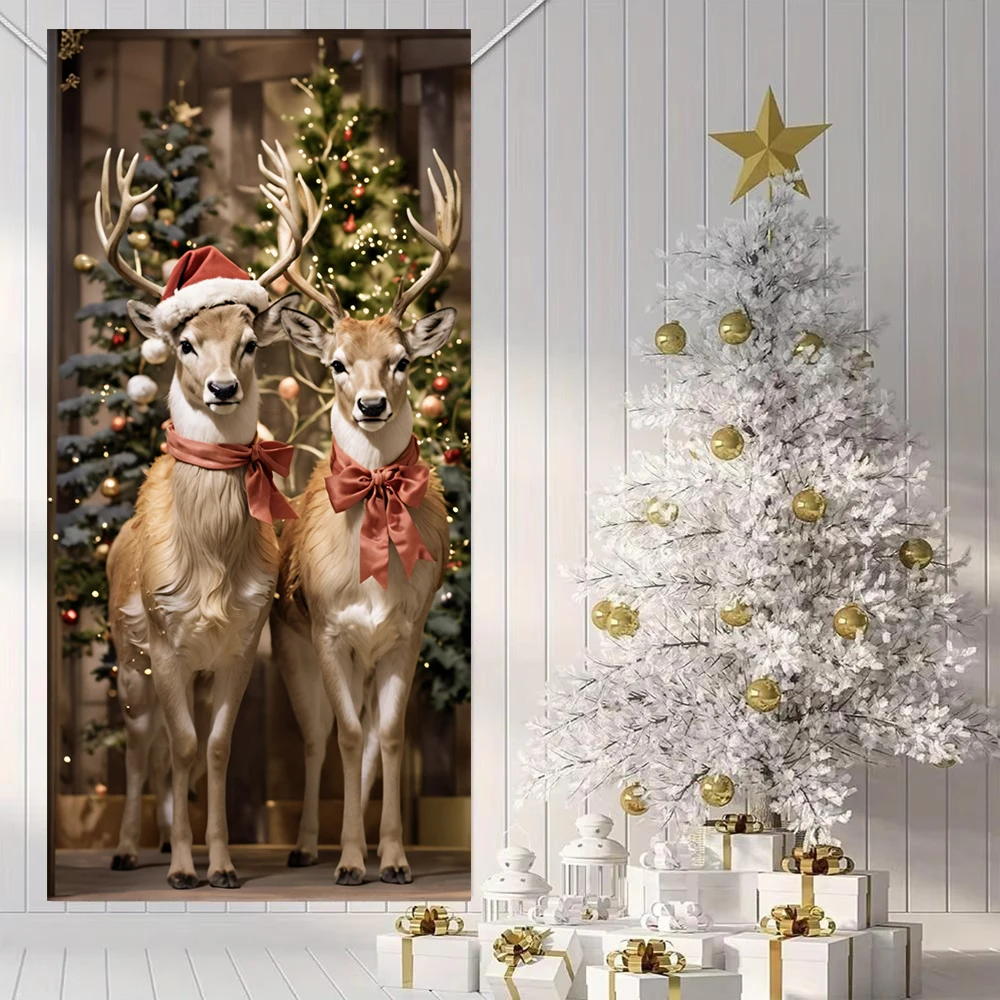 Christmas Reindeer Door Backdrop Banner Santa Hat Elk Designs Hanging Outdoor Decorations Props Christmas Door Cover 185x90cm
