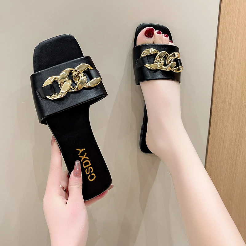 

New Chain Women Slippers Summer Slippers Low Heel Women's Sandals Indoor Bathroom Outdoor Walk Fashion Show Plus Size 35-42