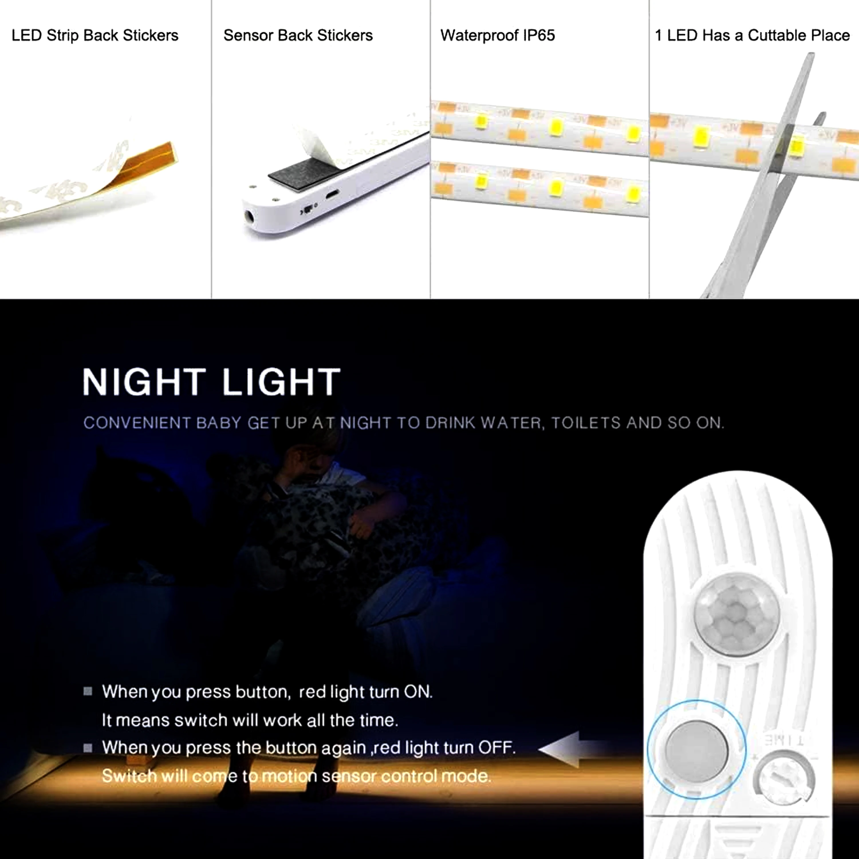 Taśma LED DC5V z czujnikiem ruchu PIR, wodoodporna lampka nocna LED na baterie, do szafki kuchennej, pod łóżko, do pokoju.