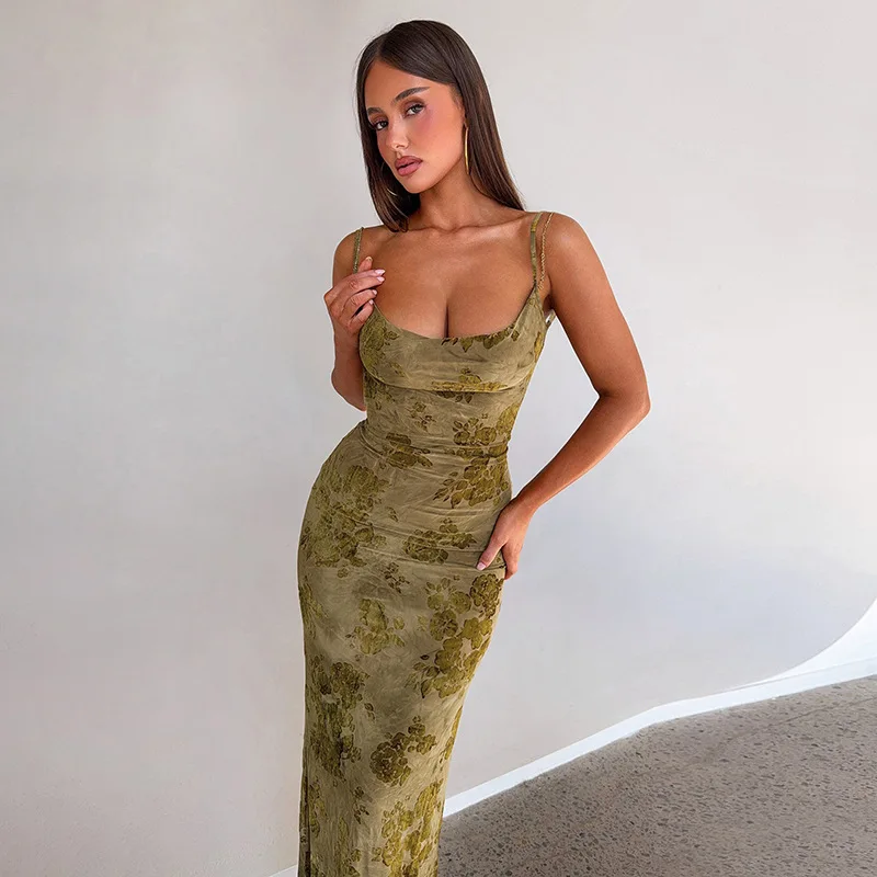 Metalen ketting backless bloemen massaal bodycon maxi feestjurk vrouwen sexy lage borst spaghettibandjes slanke prom lang gewaad clubwear