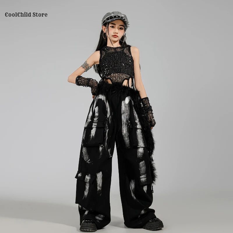 Girls Hip Hop Sequin Mesh Crop Hoodies Cargo Pants Child Street Dance Costume Kids K-pop Streetwear Jazz Girl Group Clothes Sets