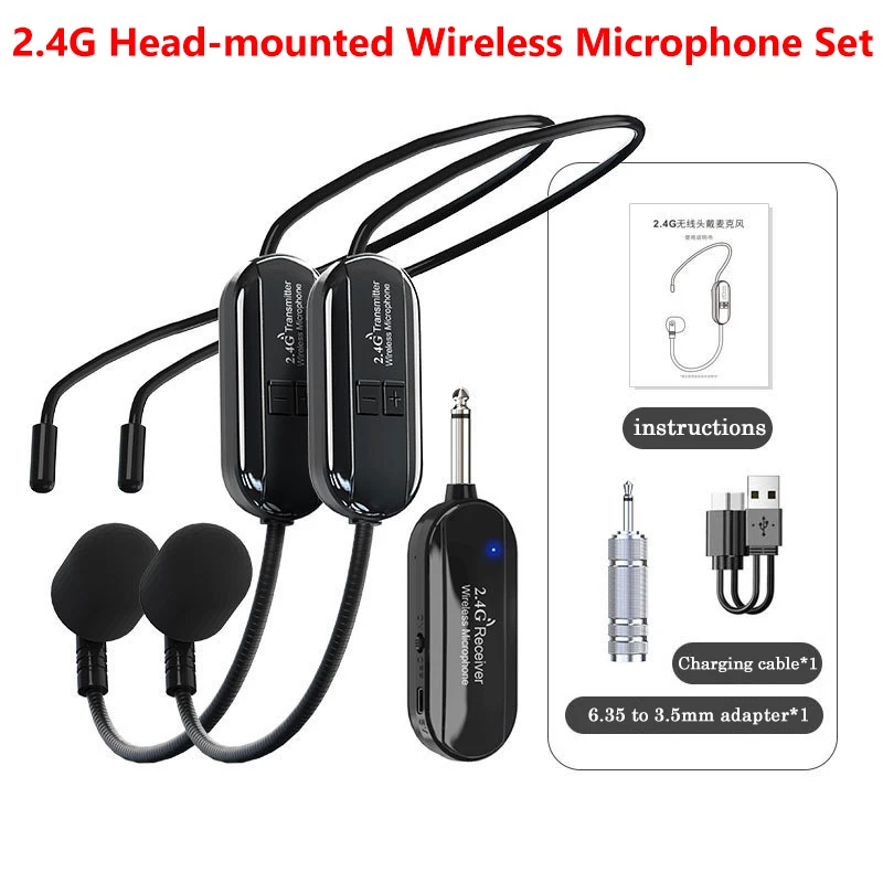 Wireless Microphones Headset UHF Dual Wireless Mic 2 Wireless Mics & 1 Receiver Headset and Handheld 2 In 1 Rechargeable