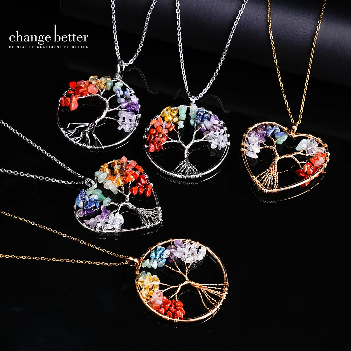 

Natural Stone Crystal Stone Tree of Life Chip Bead Pendant Lucky Reiki Healing Seven Chakra Crystal Necklace Fashion Jewelry