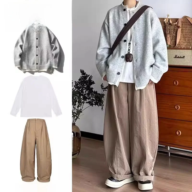 

Мужской свободный повседневный вязаный кардиган-комплект из двух предметов: свитер с имитацией двухслойности и цветным воротником в японском ретро-стиле для осени и зимы