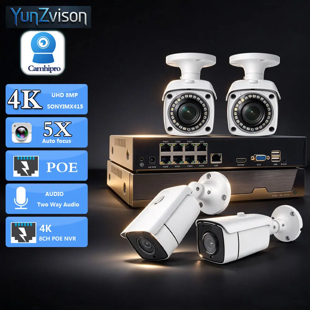 C-R 8CH 4K POE NVR Recorder System 8MP/5MP 5X Optical Zoom Security POE Two Way Audio IR Night Version