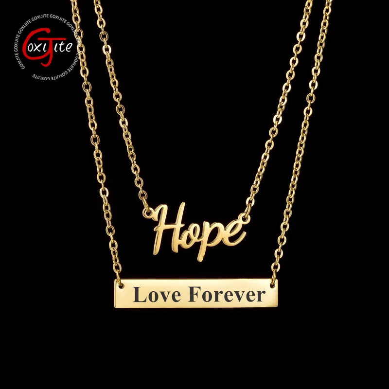 Goxijite Personalized 2 Layers Chain Carving Name Date Stainless Steel Smooth Rectangular Customized Name Necklace Jewelry Gift