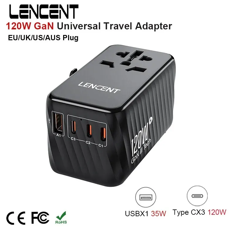 LENCENT GaN 국제 여행용 어댑터, 고속 충전기, 1 USB 포트, 3 타입 C 올인원 전원 어댑터, 여행용 120W 