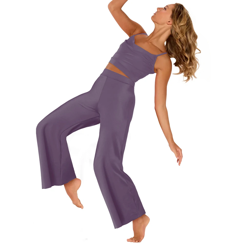 MiDee Zestaw do Tańca Nowoczesnego dla Dziewczynek, 2-częściowy Komplet: Plisowany Top na Ramiączkach i Spodnie z Szerokimi Nogawkami, Strój do Tańca Lirycznego Modern