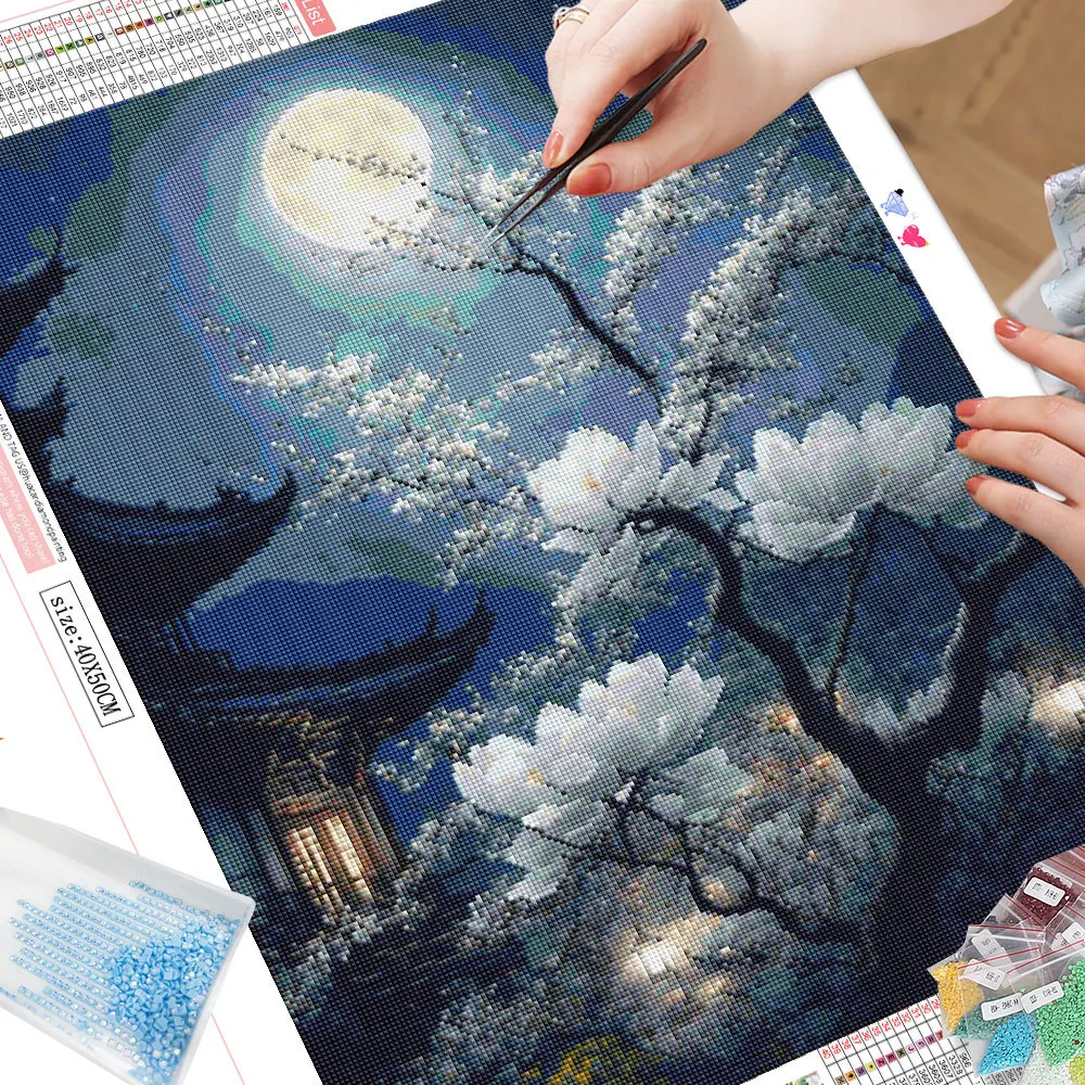 HUACAN Landscape Diamond Painting Ancient Full Round Square Drill Mosaic Moon Flower Handmade Gift Bedroom Decoration