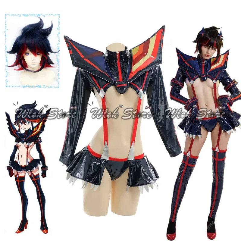 Kill La Kill Cosplay Ryuko Kostuum Sexy Holle Outfits Set Kousen Matoi Ryuuko Blauw Rode Pruik Halloween Party Carnaval Kleding