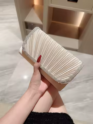 Women's Pleated Satin Flap Evening Bag Sparkling Rhinestone Embellished Clutch Dress Bag Party Bag Prom Bag Wedding Bag Evening