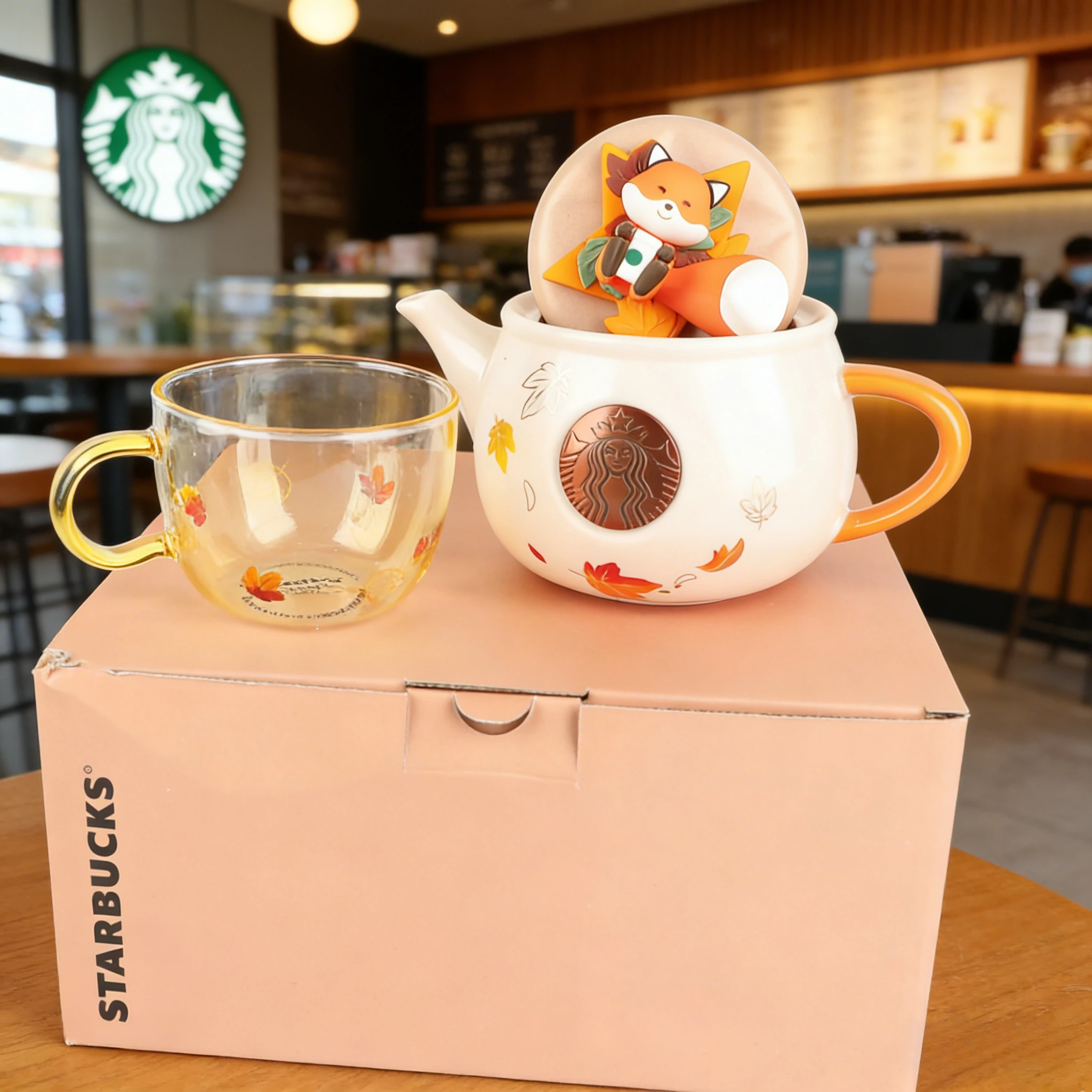 Juego de Tetera Starbucks Maple Leaf Fox, Emblema de Sirena de Cobre Vintage, Vajilla Elegante para Otoño, Regalo Perfecto para las Fiestas