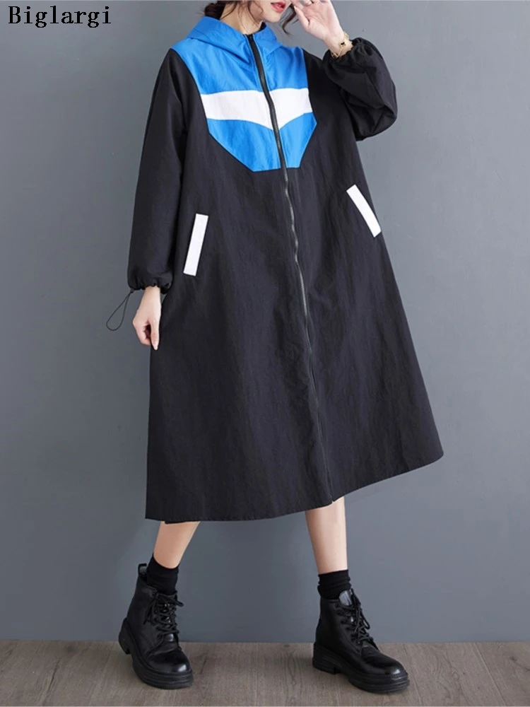 

Oversized Autumn Hooded Coat Women Print Patchwork Fashion Casual Loose Ladies Jackets Slim Waist Pleated Woman Long Coats