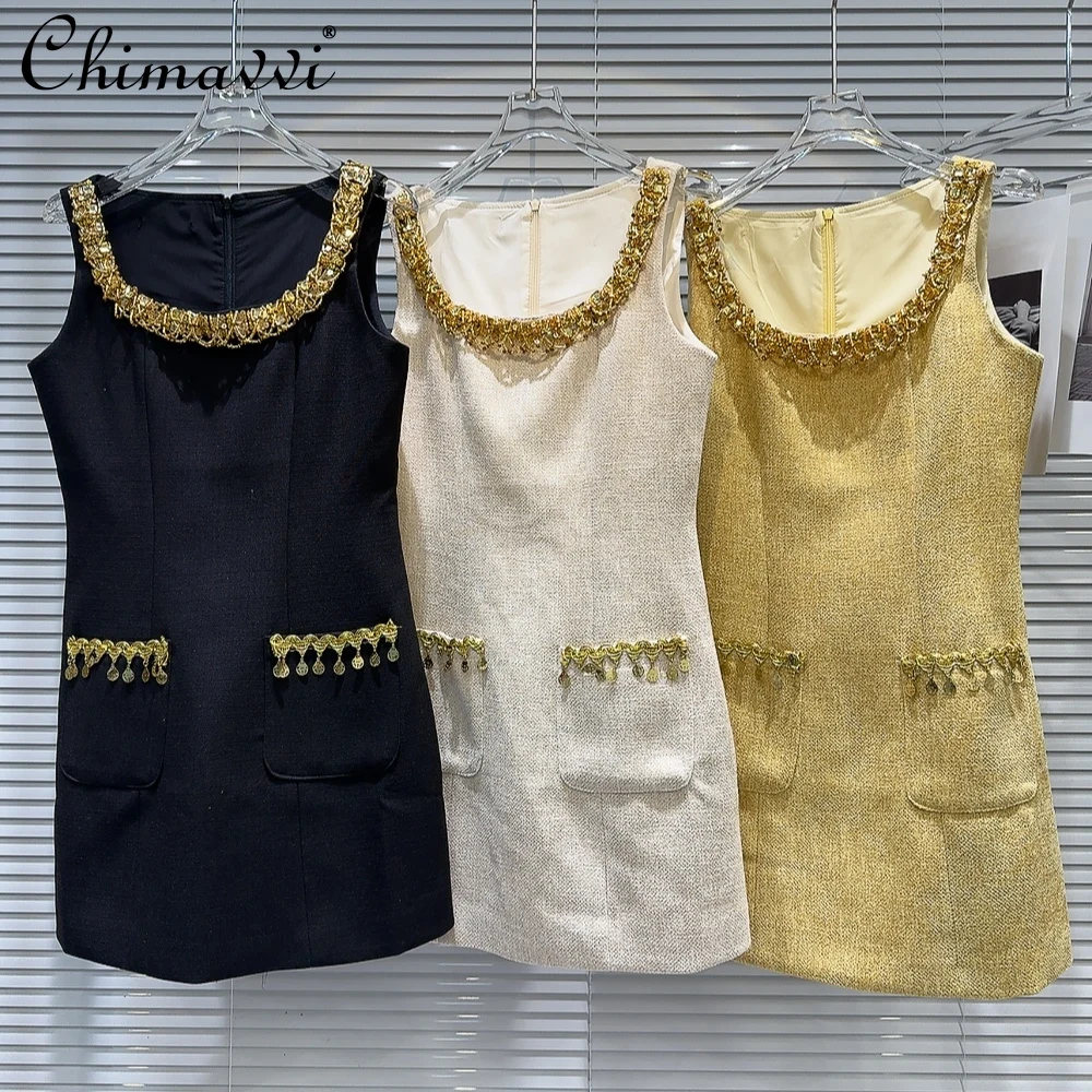 

2024 Autumn New Fashion Heavy Industry Gold Rhinestone Beaded Tweed Short Dress Temperament Party Short Ladies Vest Dresses