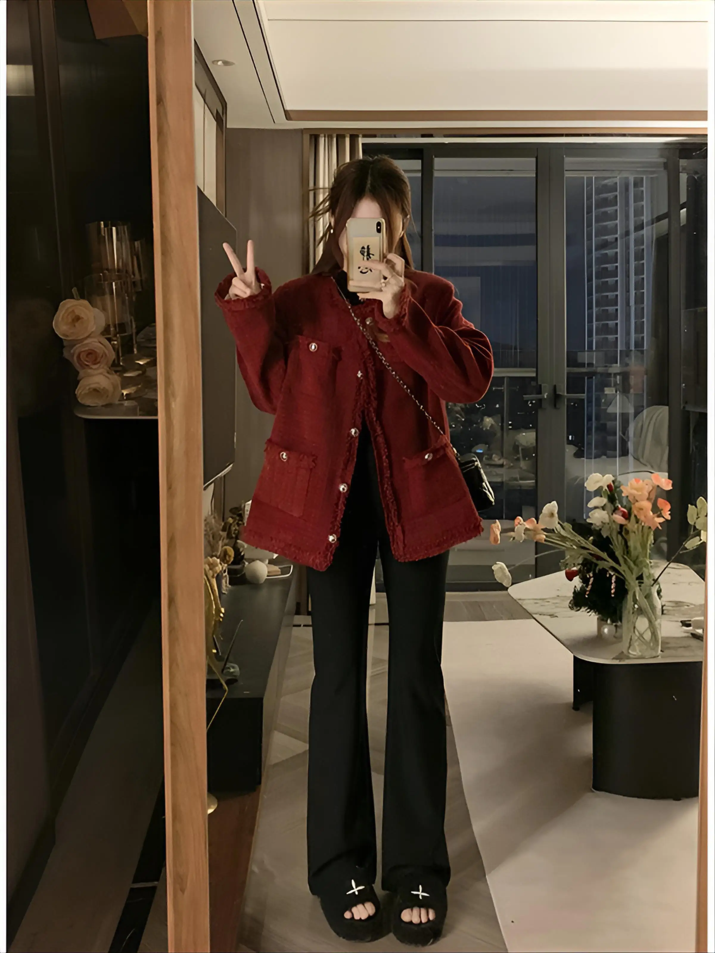 

Tweed Jacket Red Woman Womens Spring Trendy Baseball Loose Regular Mid-Length Collegiate Varsity Preppy Casual Stylish All-Match