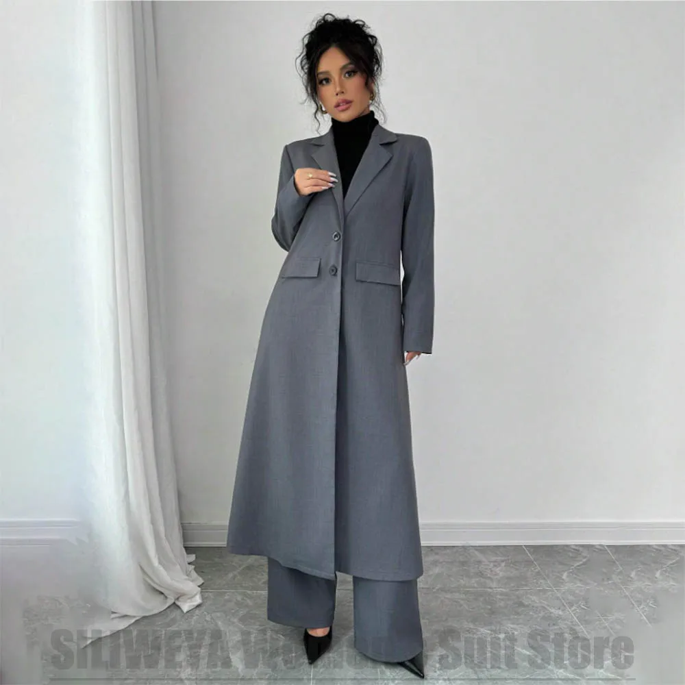 

Chic Women's Suit 2 Piece Single Breasted Long Blazer with Wide Leg Pants Elegant Tailored Office Party Daily Casual Suits