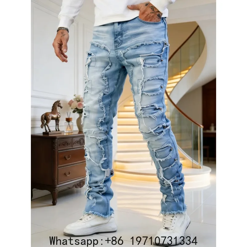 Plus-size American-style high street raw-edge ripped jeans, gradient light blue wash, men's oversized trendy brand long pants
