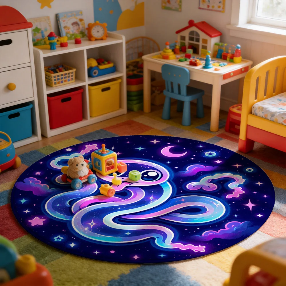 Cute Space Slime Character Round Area Rug Galaxy Night Sky Cartoon Kids Play Mat Nursery Decor