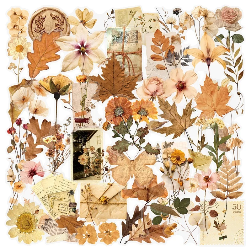 

50PCS Withered Flowers PET Sticker Aesthetic Hand Accounting Transparent DIY Decoration Scrapbooking Supplies for Kids