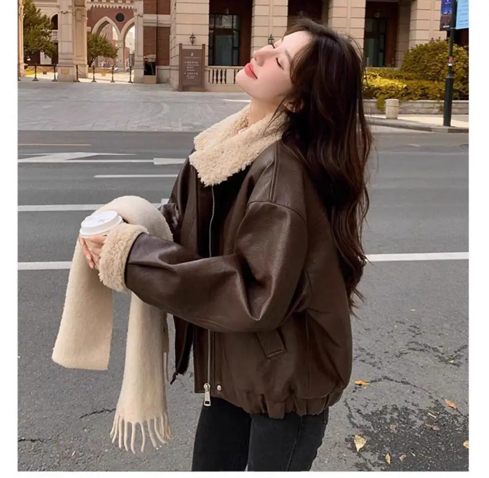 معاطف النساء سترات من الجلد الصناعي رفض طوق معطف صوف الضأن العمل Y2k الشارع الشهير سترة سستة ملابس خارجية الخريف الشتاء #6