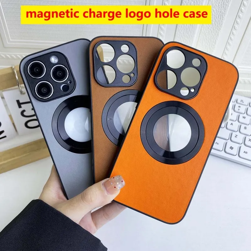 Leather Logo Hole Magnetic Wireless Charge Phone Case For iPhone 15 14 13 12 Pro Max 14 Plus TPU Seismic Anti-fall Casing