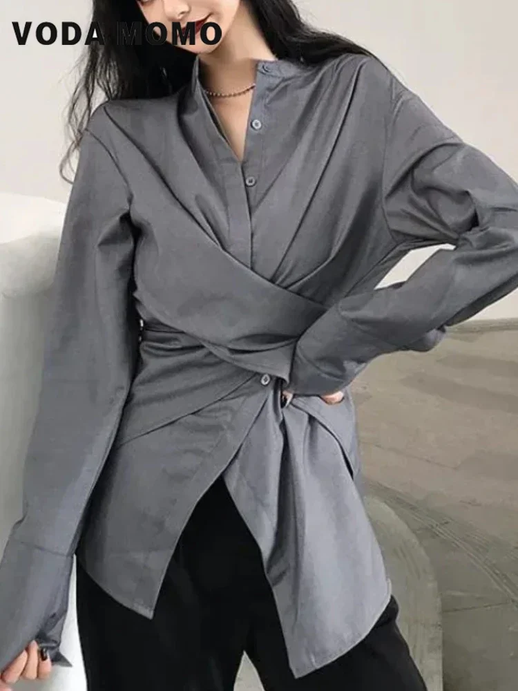 

All-match Casual Women Tops Korean Style Spring Popular Stand Collar Shirts Women Long Sleeve Fashionable Chic Slim Irregular