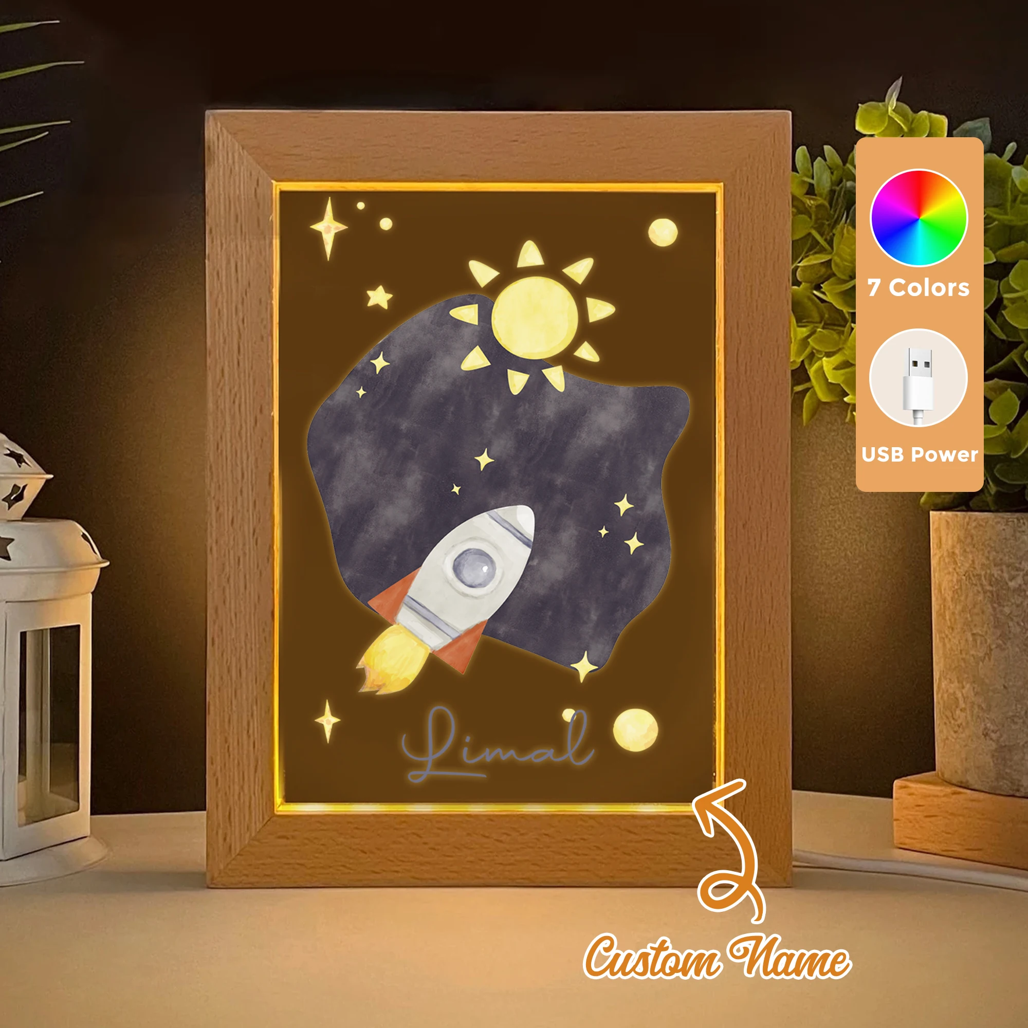 

2D Flat Custom Name Space Rocket LED Acrylic Night Light Wood Photo Frame 21x17cm Cartoon Children Bedroom Gifts Home Decor