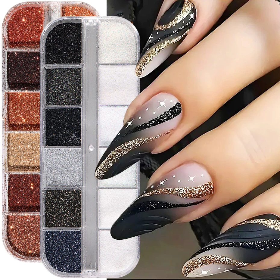 

Black Golden Brown Nail Art Glitter Powder Iridescent White Fine Chrome Flake Dust Autumn Winter Sparkle Nail Decor Accessories