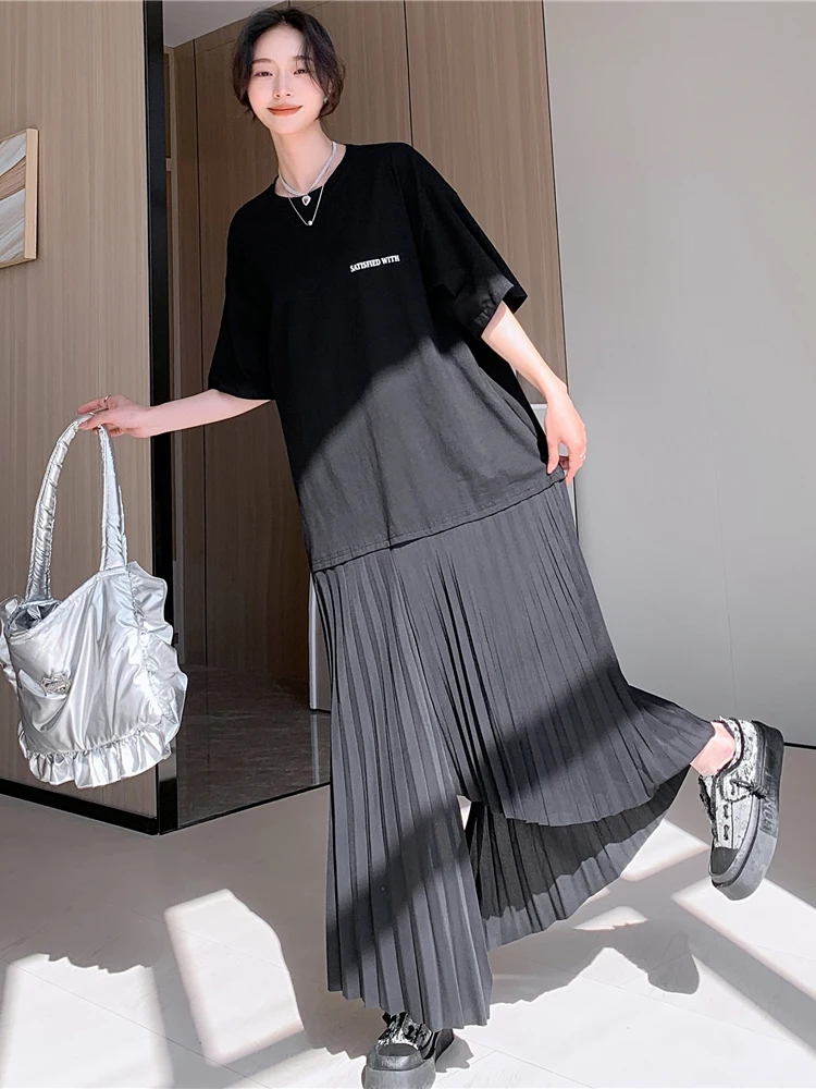 NYFS حجم كبير فستان نسائي فضفاض صيف 2025 النمط الكوري قصيرة الأكمام طباعة فستان طويل رداء Elbise