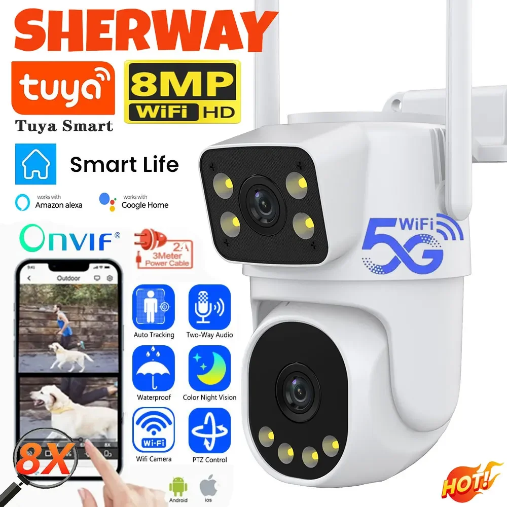 8MP 5G PTZ Dual Lens Camera Wifi Tuya Security Surveillance Dual Screen Video Full Color Night Vision Outdoor 4K Cameras 8x Zoom