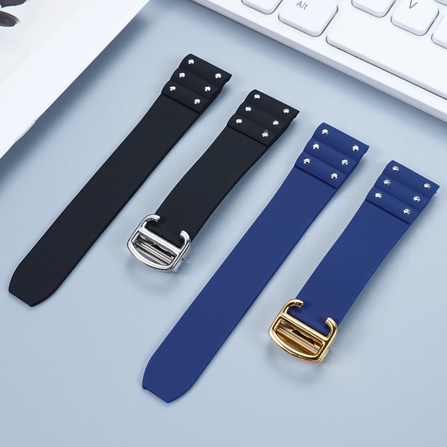 21 mm schwarz-blaues Armband für Cartier Santos-Armband. Silikonarmband. Hochwertiges Gummi-Uhrenarmband für wasserdichtes Gummiband
